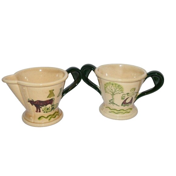 Poppytrail  Metlox Homestead Provincial Green Red Yellow Sugar Creamer Set Vtg - Picture 1 of 9